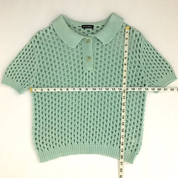American Apparel Open Weave Knit Crop Tennis Shirt Sweater Top Seafoam Mint - M - Picture 4 of 8